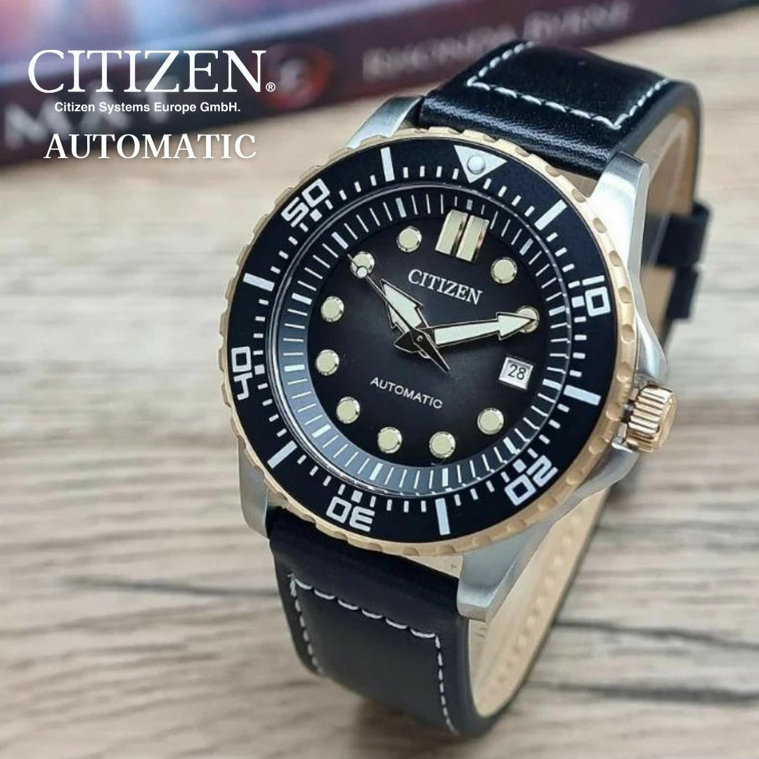 Citizen Mechanical Automatic Black Dial Black Leather Strap Watch for Men - NJ0176-10E