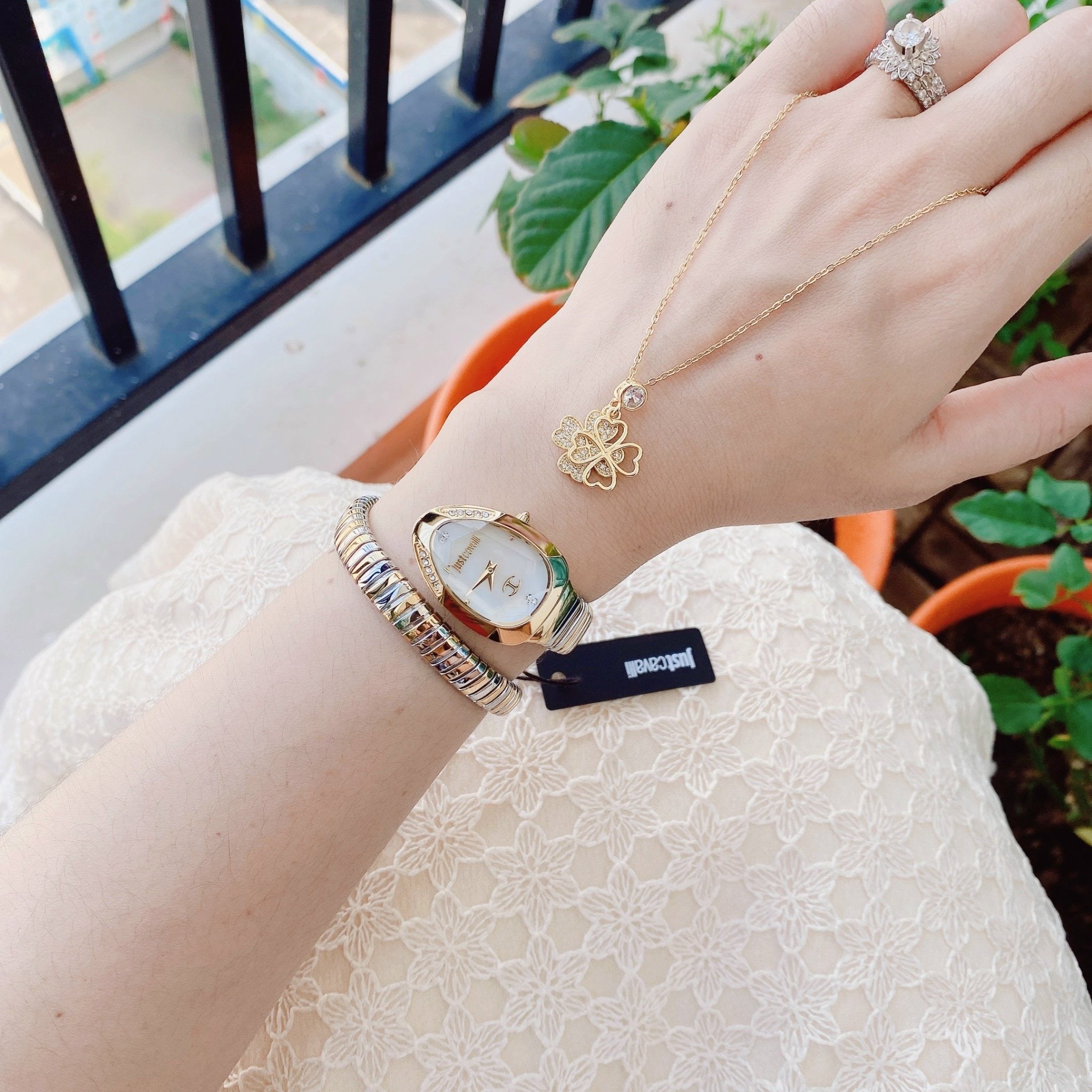 Just Cavalli Serpente Metallica Mother of Pearl Dial Two Tone Steel Strap Watch for Women - JC1L208M0065