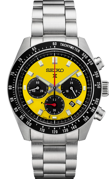 Seiko Prospex Speedtimer Solar Chronograph Yellow Dial Silver Steel Strap Watch for Men - SSC929