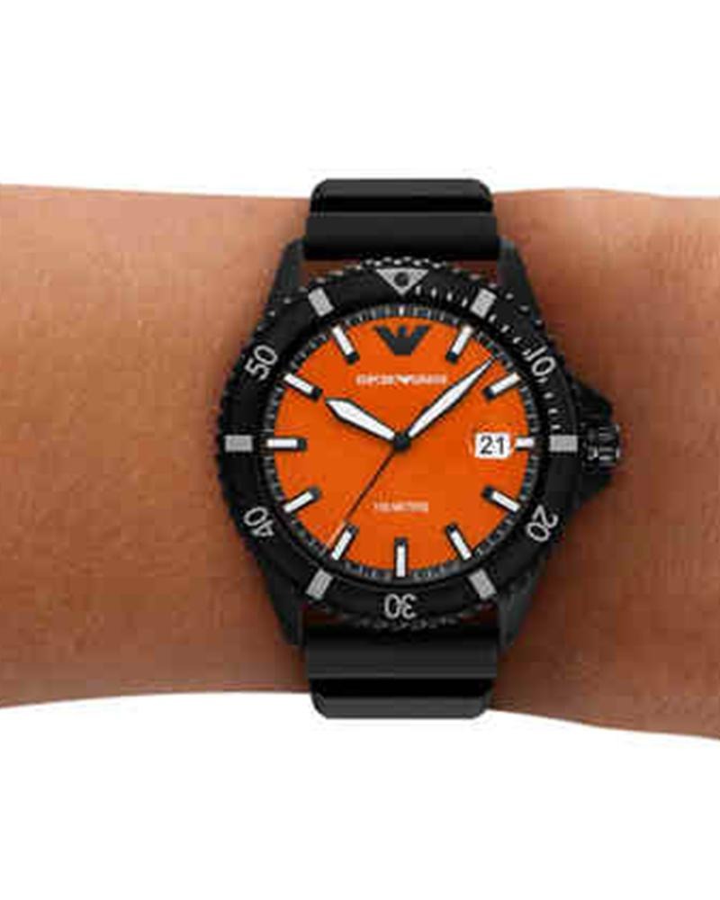 Emporio Armani World Explorer Orange Dial Black Silicone Strap Watch for Men - AR11684