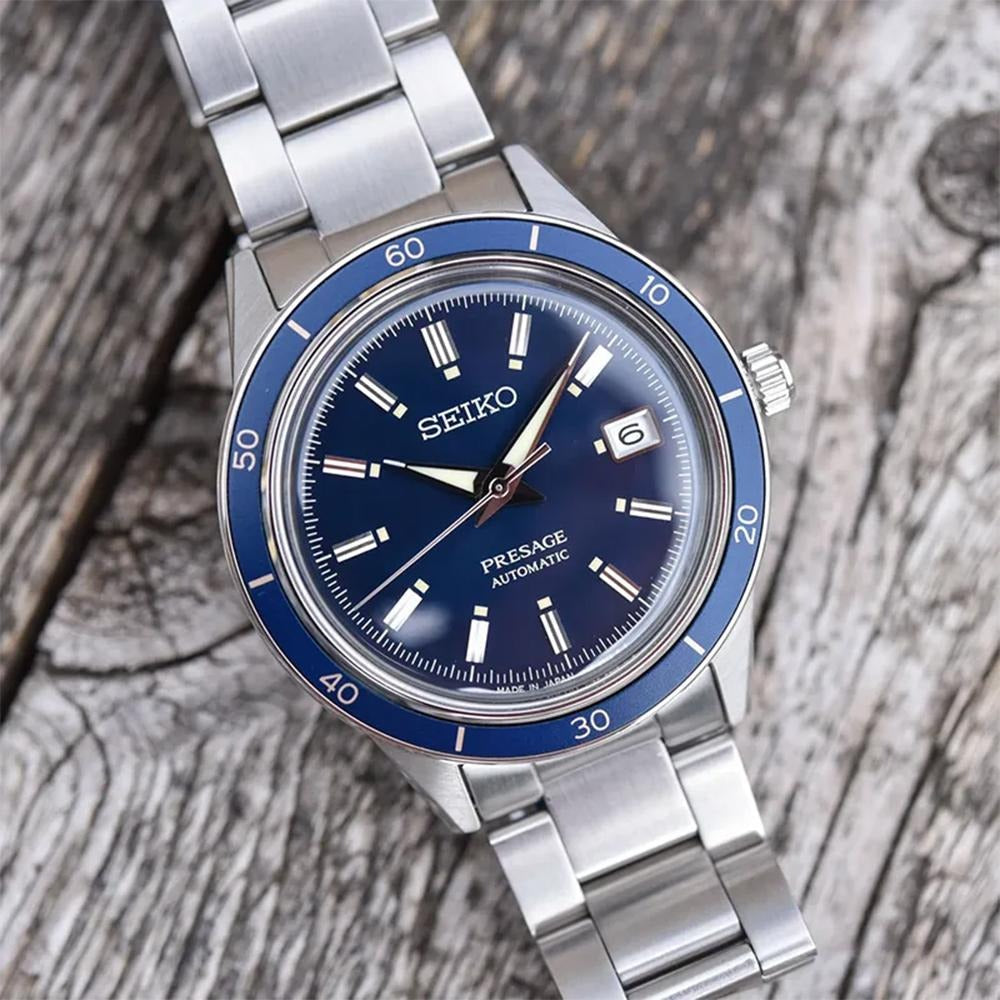 Seiko Presage Style60's Automatic Blue Dial Silver Steel Strap Watch for Men - SRPG05J1
