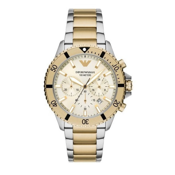 Emporio Armani World Explorer Chronograph Cream Dial Two Tone Steel Strap Watch for Men - AR11606