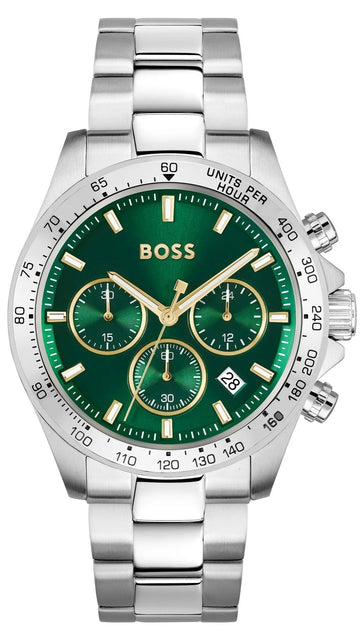 Hugo Boss Hero Chronograph Green Dial Silver Steel Strap Watch for Men - 1514217
