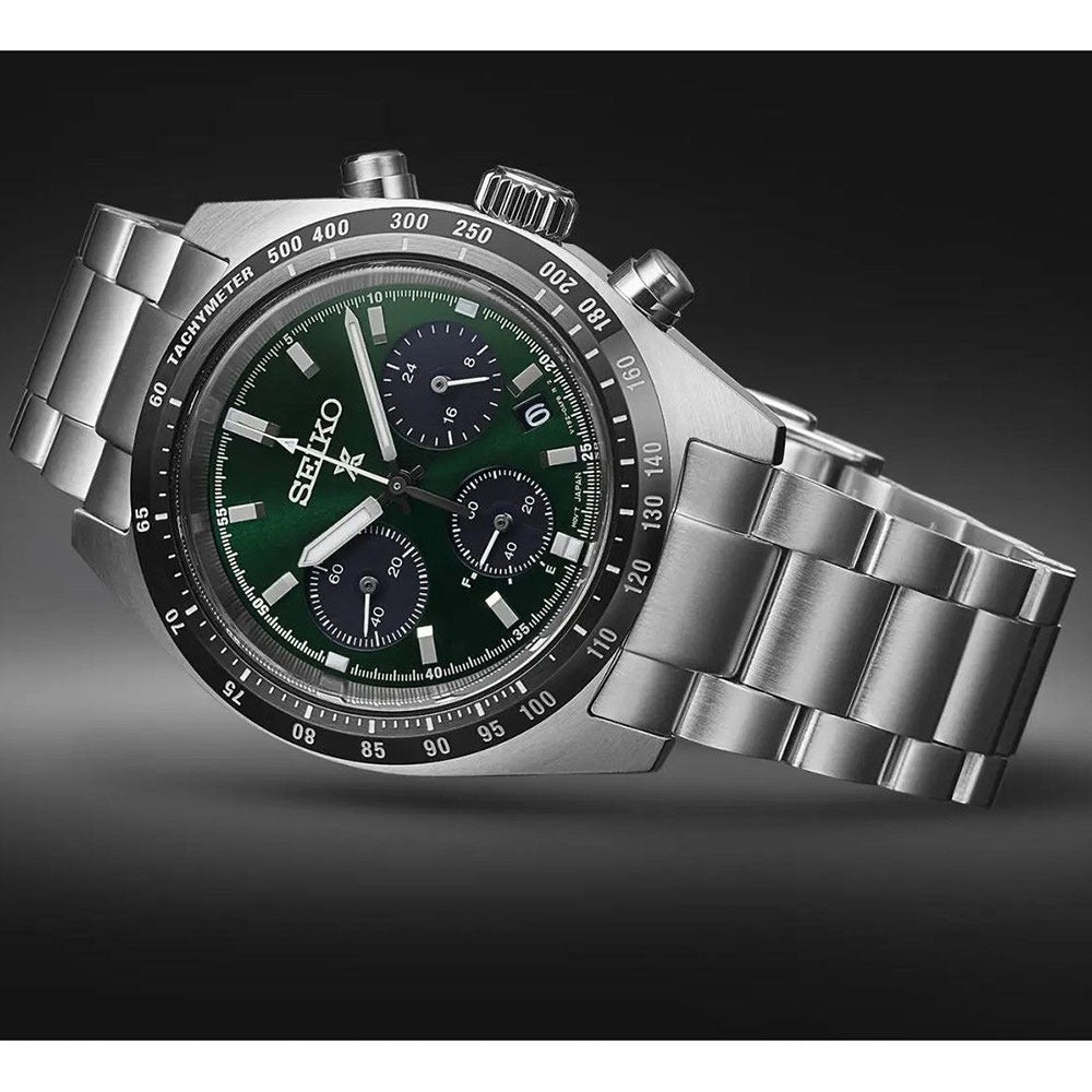 Seiko Prospex Speedtimer Solar Chronograph Green Dial Silver Steel Strap Watch for Men - SSC933