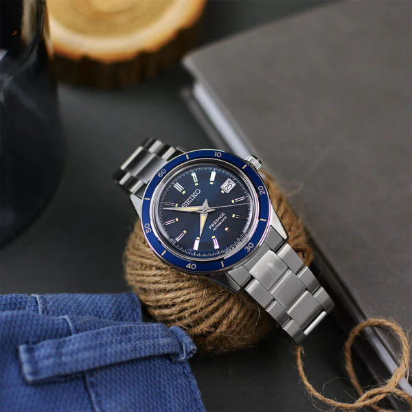 Seiko Presage Style60's Automatic Blue Dial Silver Steel Strap Watch for Men - SRPG05J1