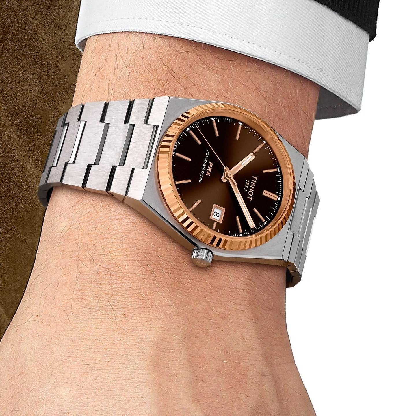 Tissot PRX Powermatic 80 18K Gold Brown Dial Silver Steel Strap Watch for Men - T931.407.41.291.00