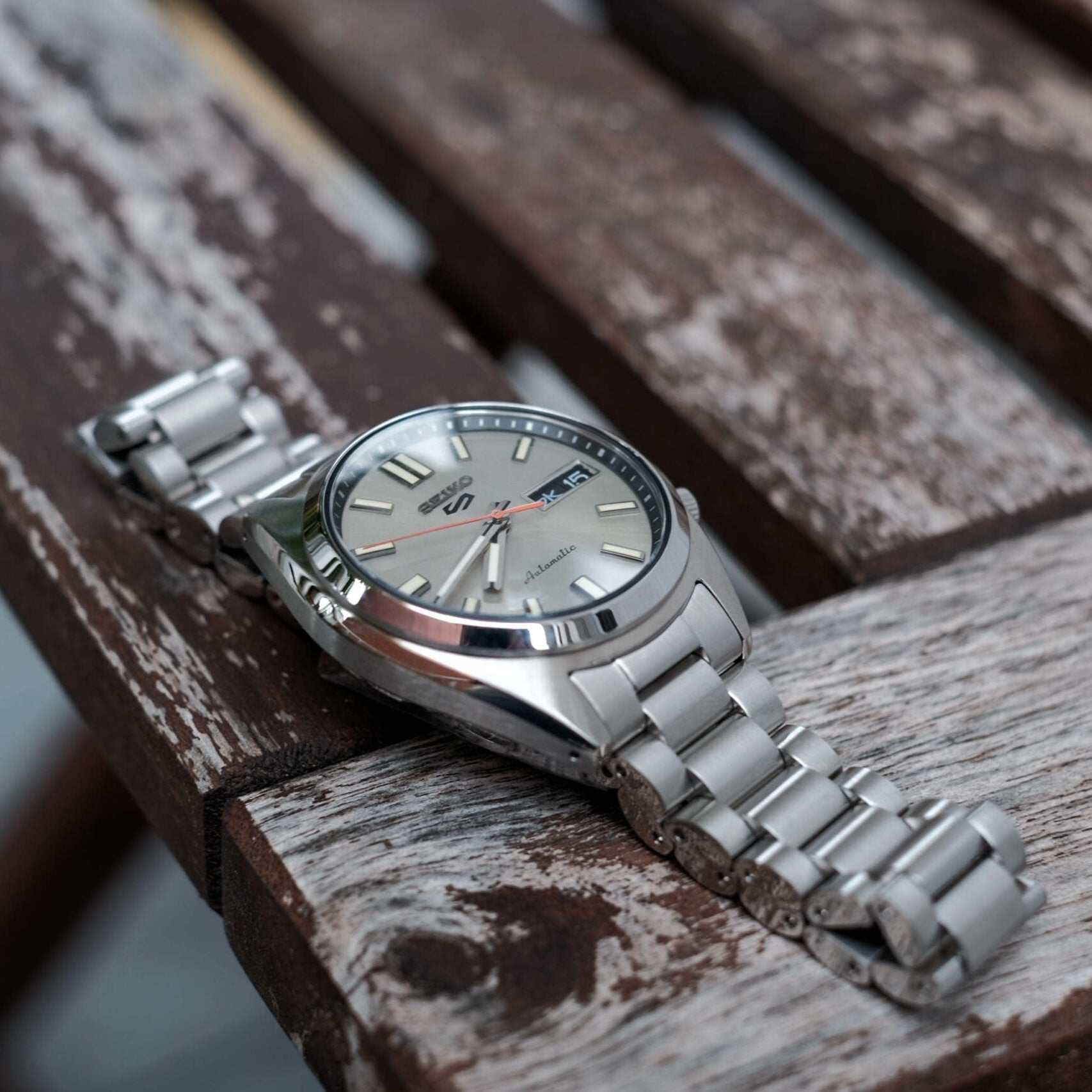 Seiko 5 Sports SNXS Series Automatic Beige Dial Silver Steel Strap Watch for Men - SRPK91K1