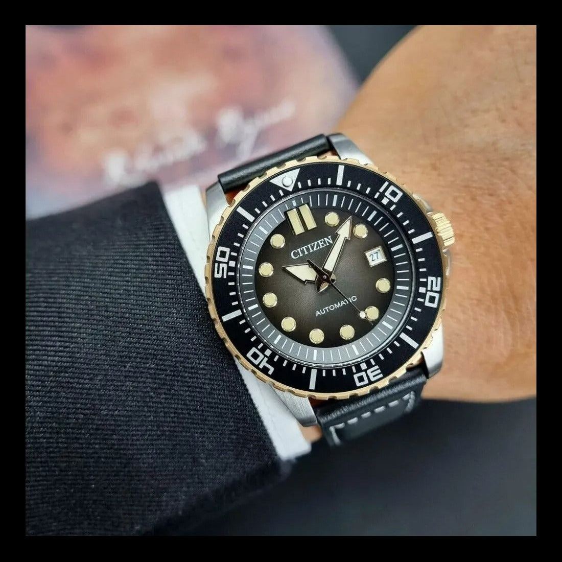 Citizen Mechanical Automatic Black Dial Black Leather Strap Watch for Men - NJ0176-10E