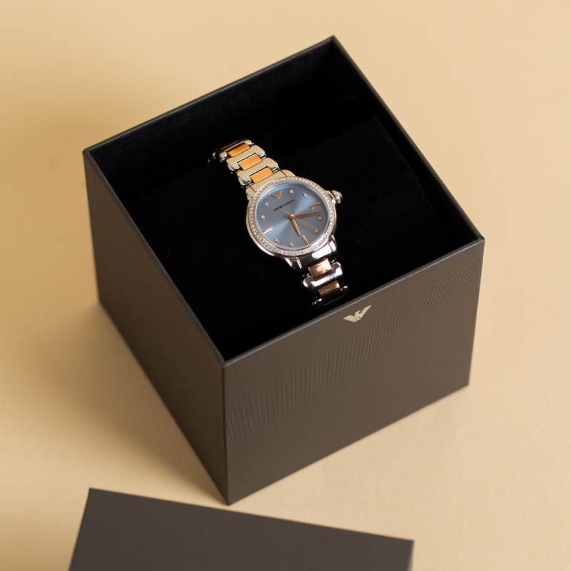 Emporio Armani Three Hand Blue Dial Two Tone Steel Strap Watch for Women - AR11597