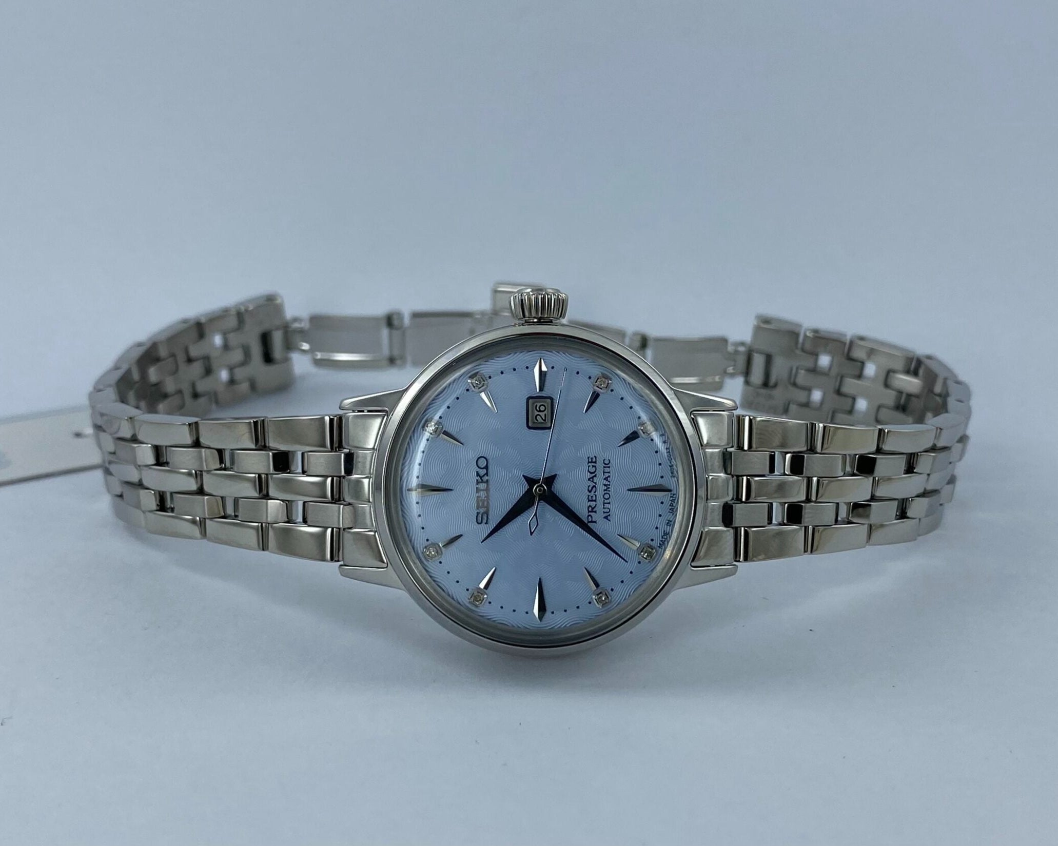 Seiko Presage Cocktail Time Automatic Skydiving Diamonds Blue Dial Silver Steel Strap Watch for Women - SRE007J1