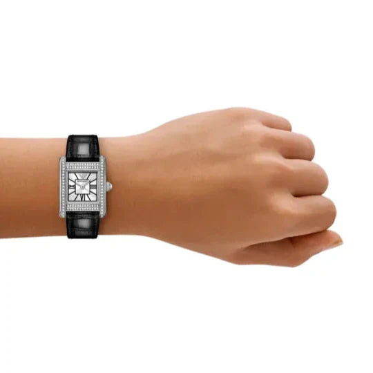 Emporio Armani Classic Crystals Silver Dial Black Leather Strap Watch for Women - AR11660