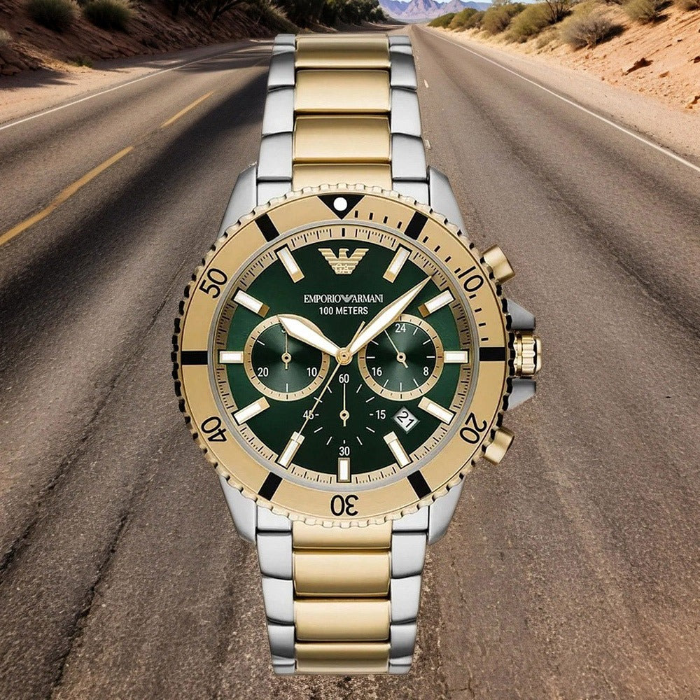 Emporio Armani Sea Explorer Chronograph Green Dial Two Tone Steel Strap Watch for Men - AR11586