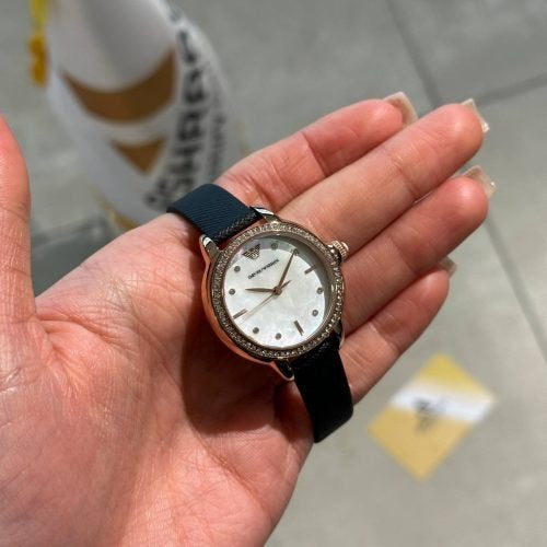 Emporio Armani Mia Mother of Pearl Dial Black Leather Strap Watch for Women - AR11598