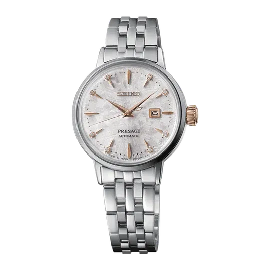 Seiko Presage Cocktail Time Skydiving Automatic Diamonds Mother of Pearl Dial Silver Steel Strap Watch for Women - SRE009J1