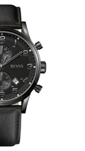 Hugo Boss Aeroliner Chronograph Black Dial Black Leather Strap Watch for Men - 1512567