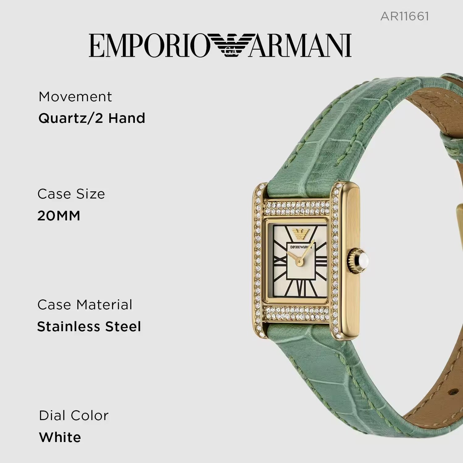 Emporio Armani Classic White Dial Green Leather Strap Watch for Women - AR11661