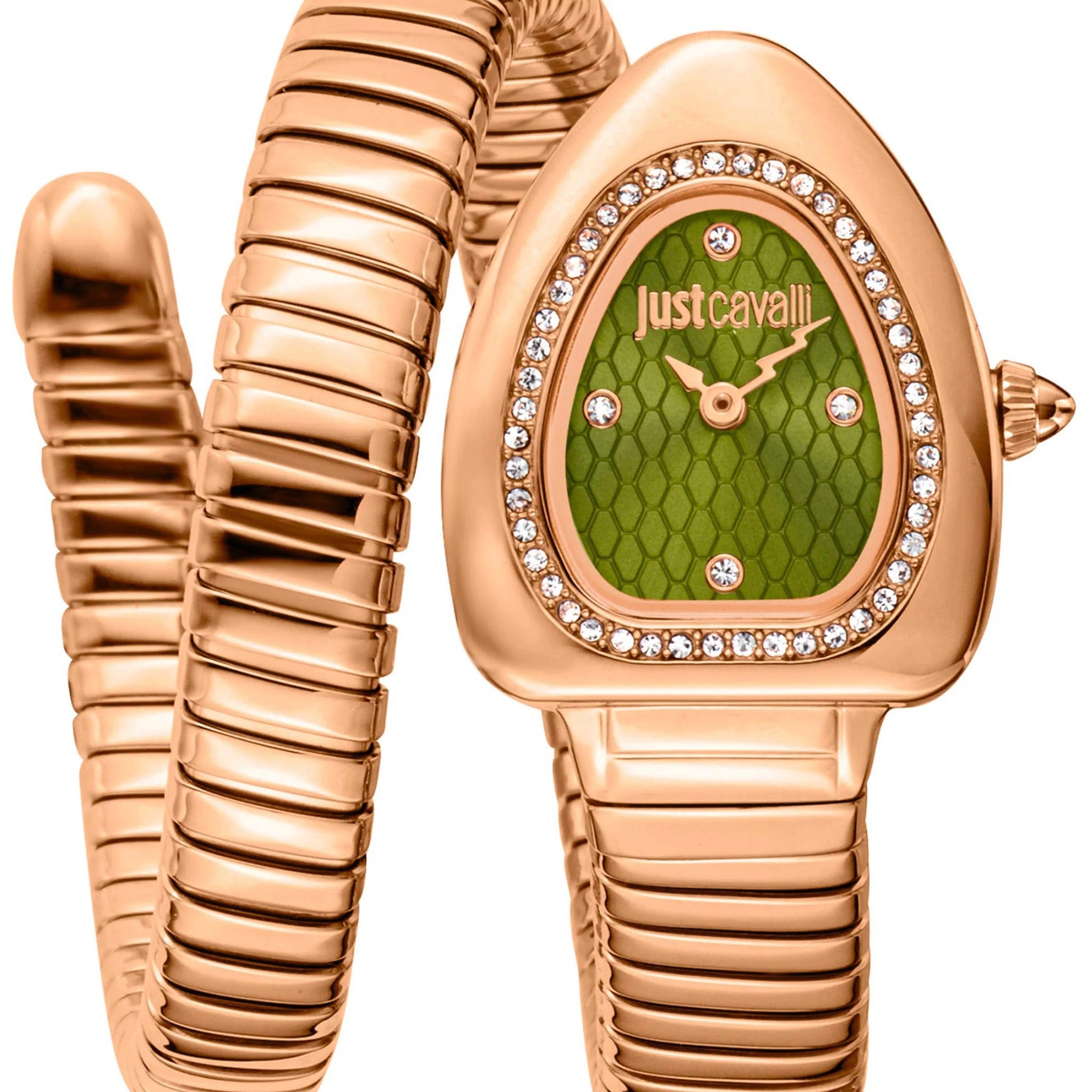 Just Cavalli Signature Snake Green Dial Rose Gold Steel Strap Watch for Women - JC1L249M0045
