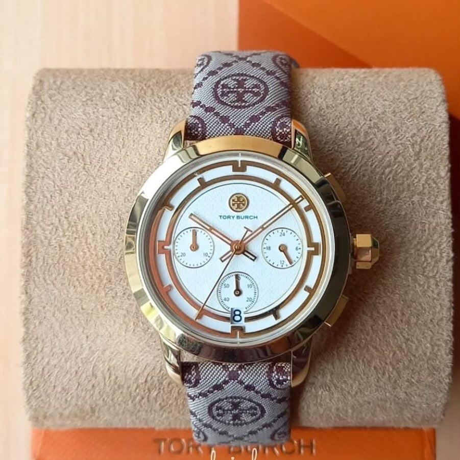 Tory Burch The Tory Chronograph White Dial Maroon Jacquard Strap Watch for Women - TBW1051