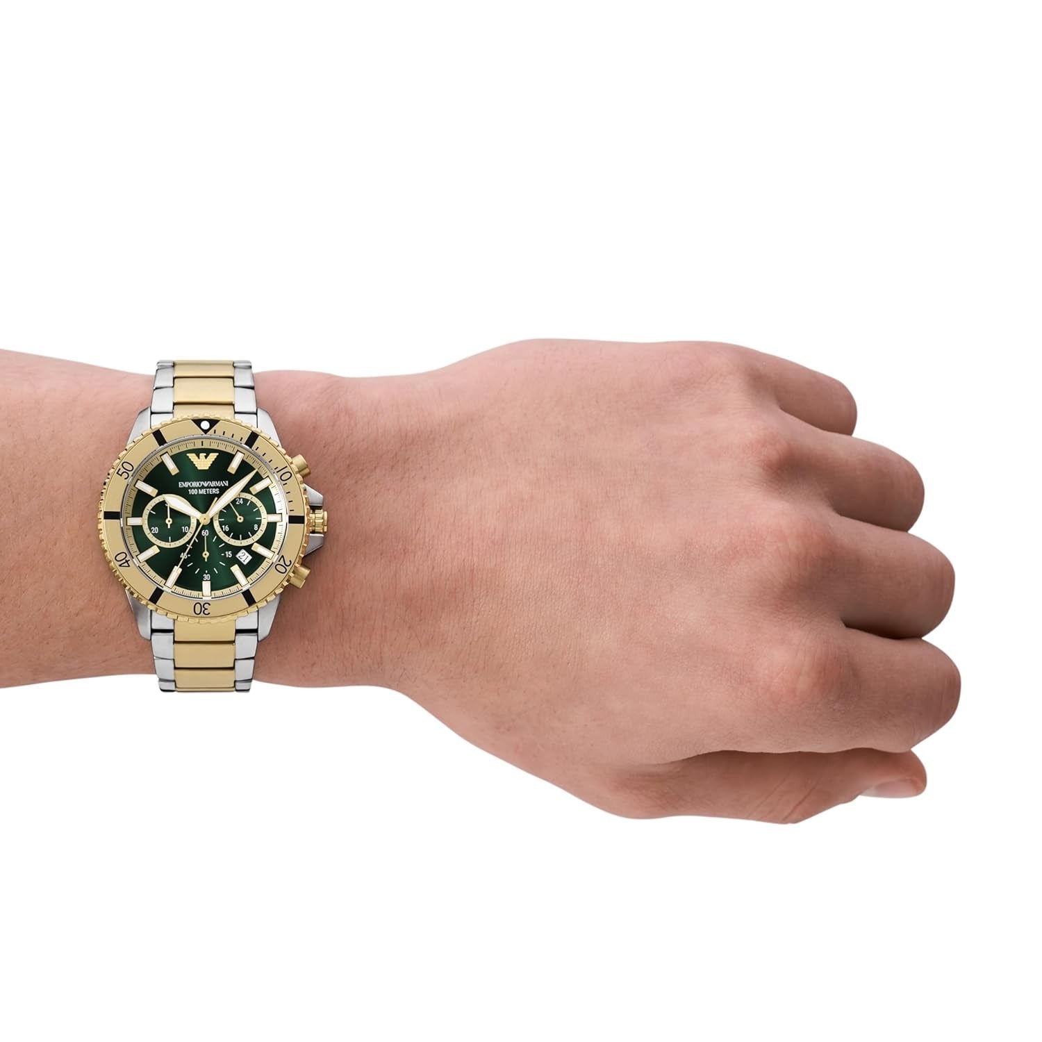 Emporio Armani Sea Explorer Chronograph Green Dial Two Tone Steel Strap Watch for Men - AR11586