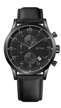 Hugo Boss Aeroliner Chronograph Black Dial Black Leather Strap Watch for Men - 1512567