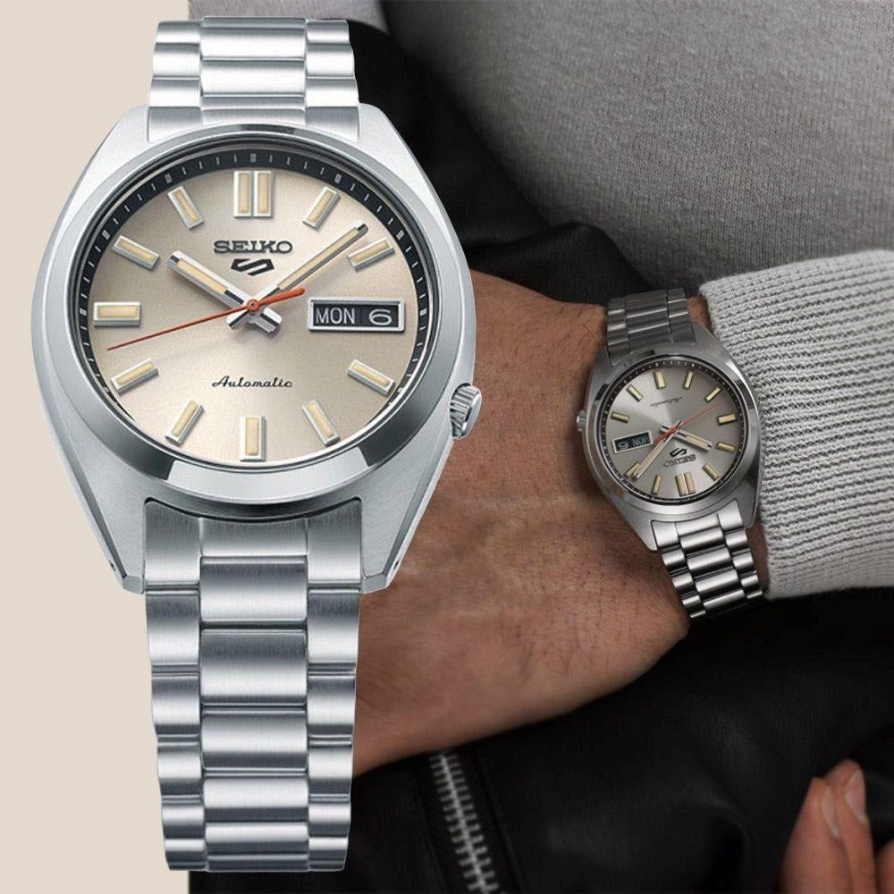 Seiko 5 Sports SNXS Series Automatic Beige Dial Silver Steel Strap Watch for Men - SRPK91K1