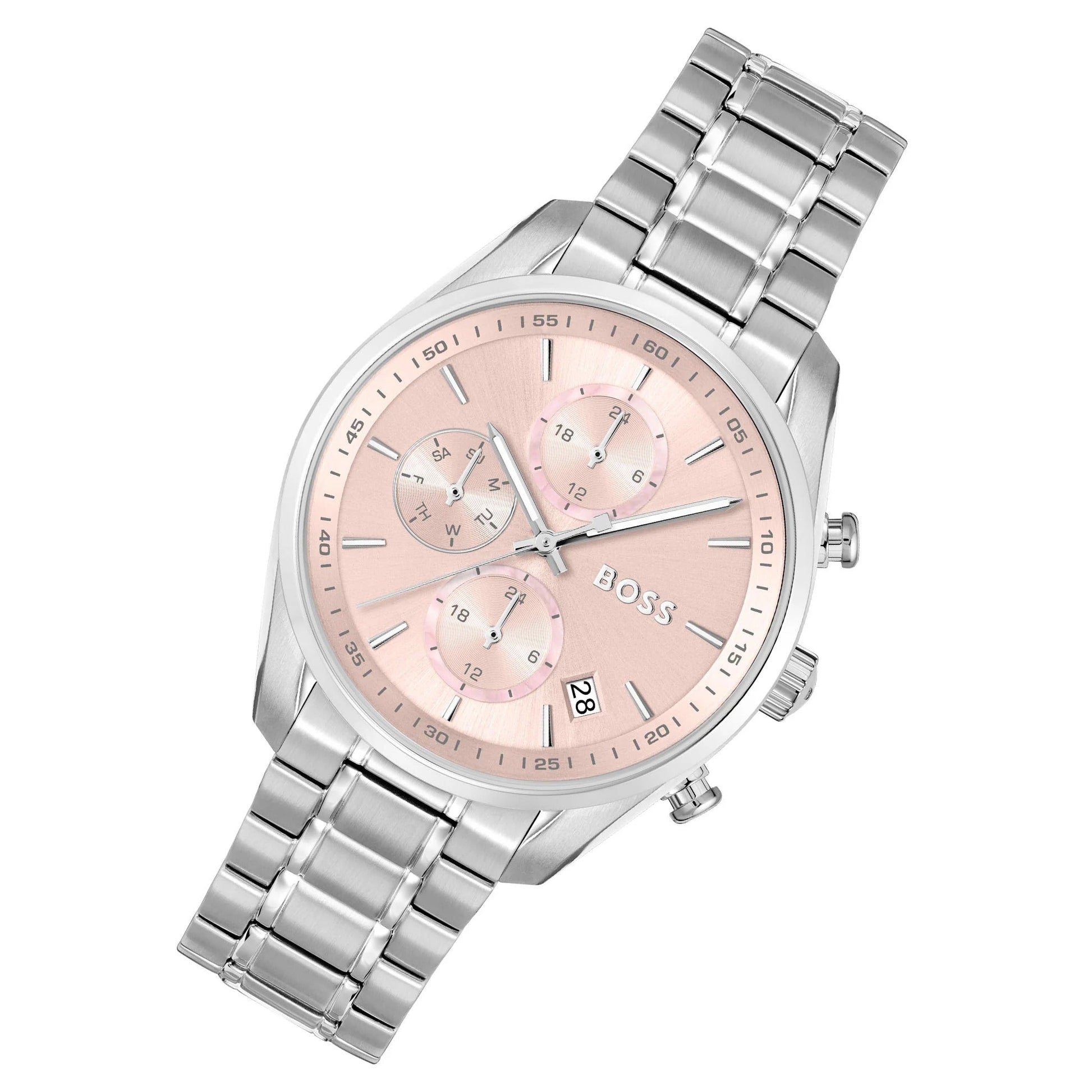 Hugo Boss Grand Tour Chronograph Pink Mother of Pearl Dial Silver Steel Strap Watch for Women - 1502765