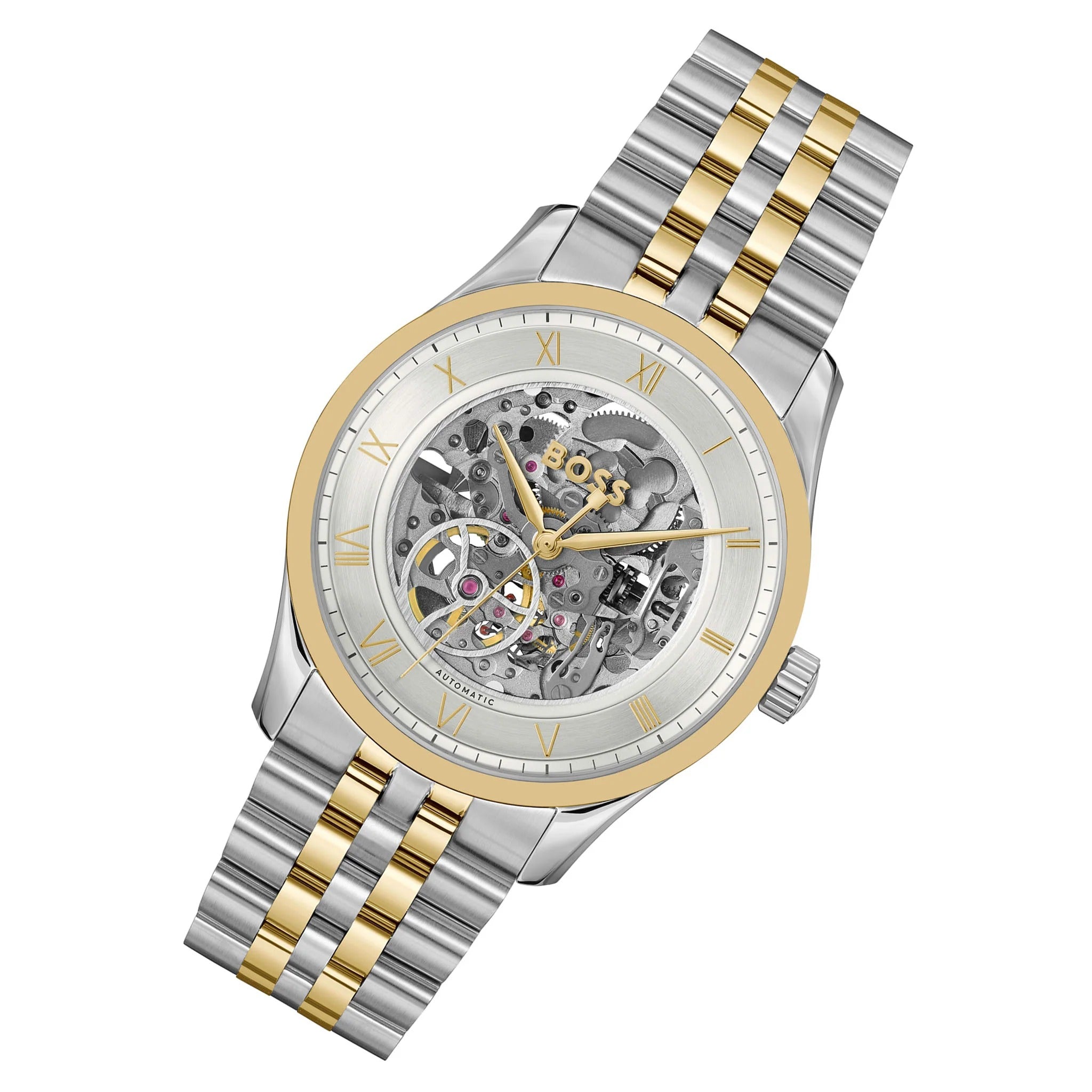 Hugo Boss Principle Skeleton Silver Dial Two Tone Steel Strap Watch for Men - 1514237