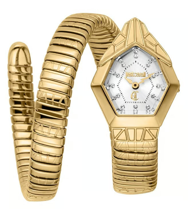 Just Cavalli Ornato Snake White Dial Gold Steel Strap Watch for Women - JC1L303M0025