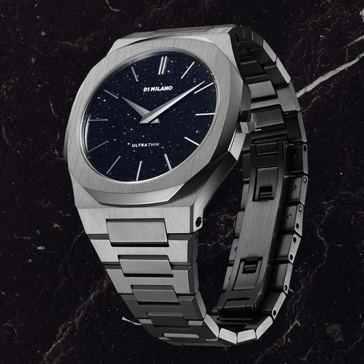 D1 Milano Ultra Thin Aventurine Black Dial Silver Steel Strap Watch for Men - D1-UTBJ29