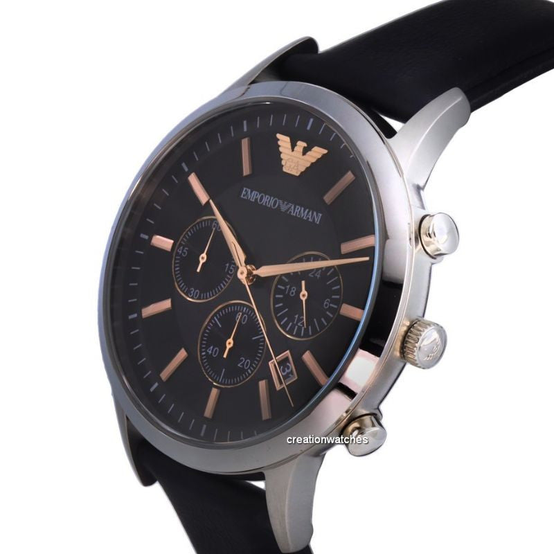 Emporio Armani Giovanni Chronograph Black Dial Black Leather Strap Watch For Men - AR11431