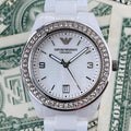 Emporio Armani Ceramica White Mother of Pearl Dial Stainless Steel Strap Watch For Women - AR1426