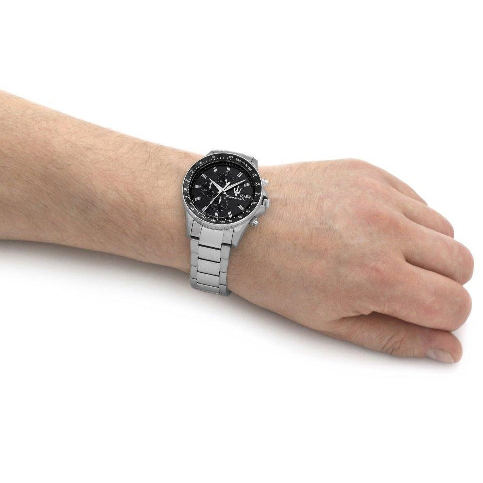 Maserati SFIDA Chronograph Black Dial Silver Steel Strap Watch For Men - R8873640015