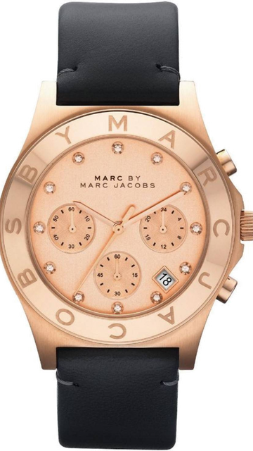 Marc Jacobs Blade Chronograph Rose Gold Dial Black Leather Strap Watch for Women - MBM1188