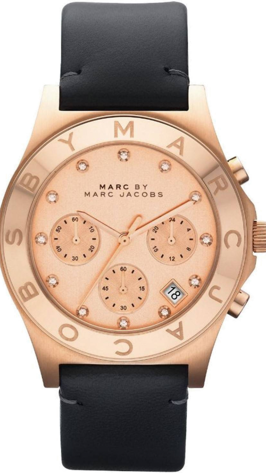 Marc Jacobs Blade Chronograph Rose Gold Dial Black Leather Strap Watch for Women - MBM1188
