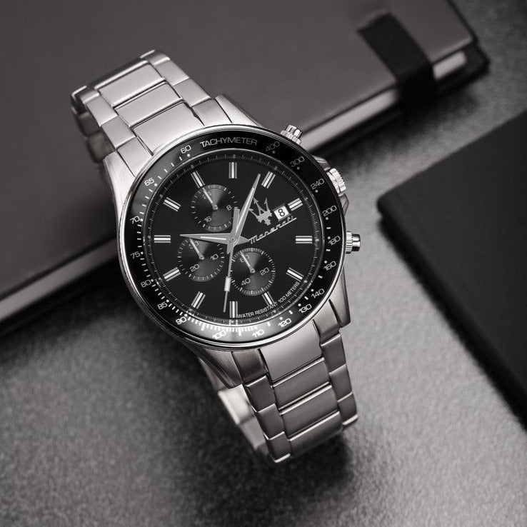Maserati SFIDA Chronograph Black Dial Silver Steel Strap Watch For Men - R8873640015
