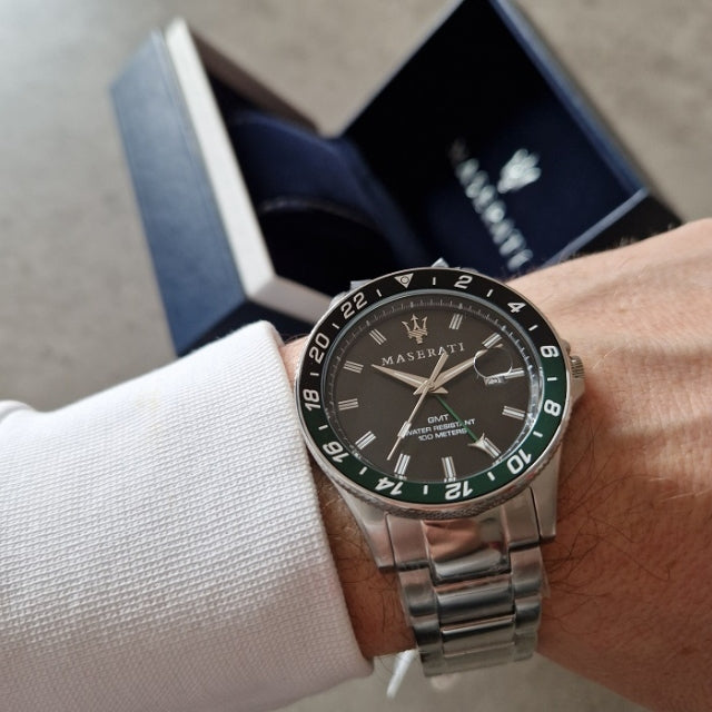 Maserati SFIDA Chronograph Black Dial Silver Steel Strap Watch For Men - R8853140005