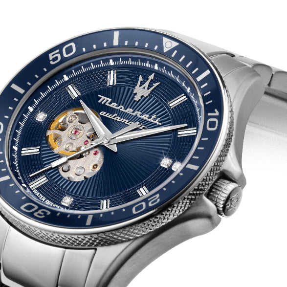 Maserati SFIDA Automatic Skeleton Blue Dial Silver Steel Strap Watch For Men - R8823140007