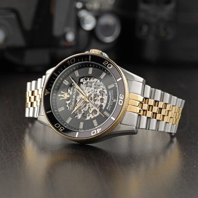 Maserati SFIDA Automatic Skeleton Black Dial Two Tone Steel Strap Watch For Men - R8823140010