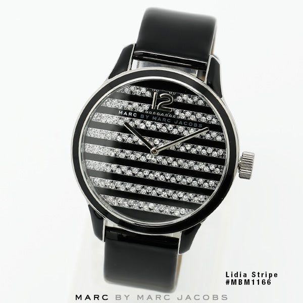 Marc Jacobs Lidia Stripe Glitz Black Dial Black Leather Strap Watch for Women - MBM1166