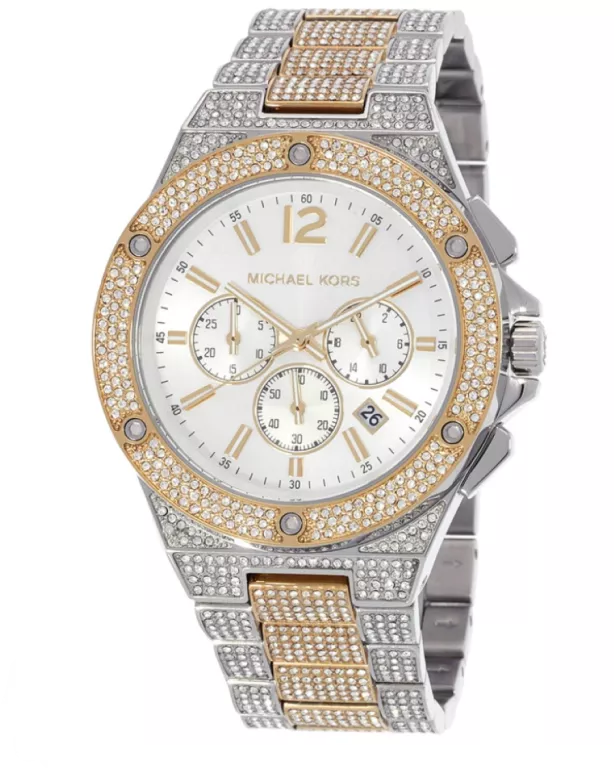 Michael Kors Lennox Pave Crystals Chronograph White Dial Two Tone Steel Strap Watch for Men - MK9150
