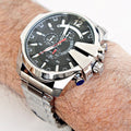 Diesel Mega Chief Chronograph Black Dial Silver Steel Strap Watch For Men - DZ4308