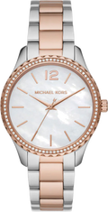 Michael Kors Layton Three Hand Mother of Pearl White Dial Two Tone Steel Strap Watch For Women - MK6849
