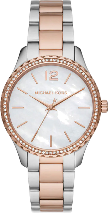 Michael Kors Layton Three Hand Mother of Pearl White Dial Two Tone Steel Strap Watch For Women - MK6849