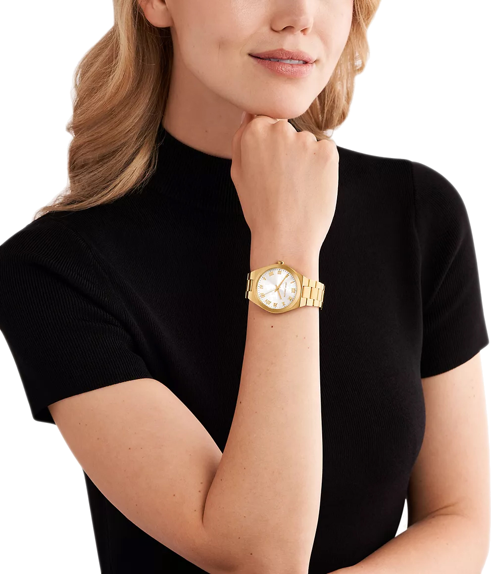 Michael Kors Lennox Three Hand Silver Dial Gold Steel Strap Watch For Women - MK7391