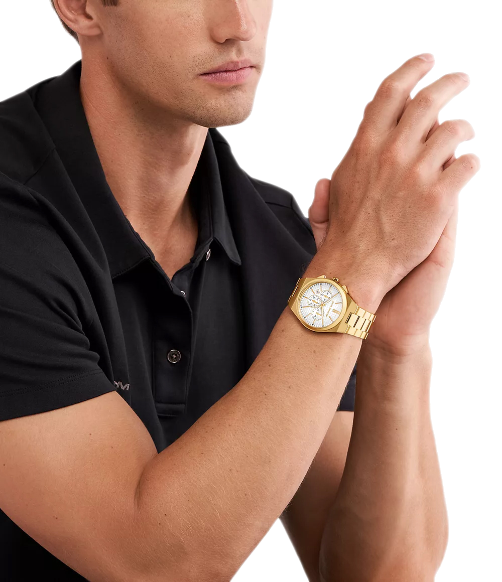 Michael Kors Lennox Chronograph White Dial Gold Steel Strap Watch For Men - MK9120