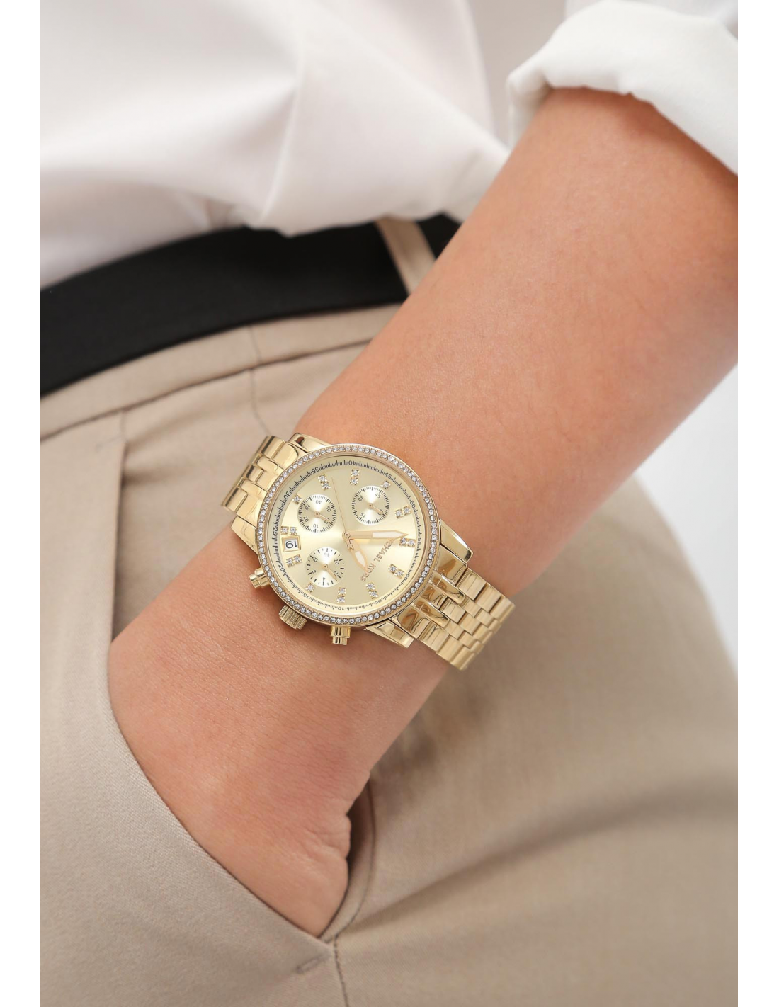 Michael Kors Runway Chronograph Gold Dial Gold Steel Strap Watch For Women - MK5698