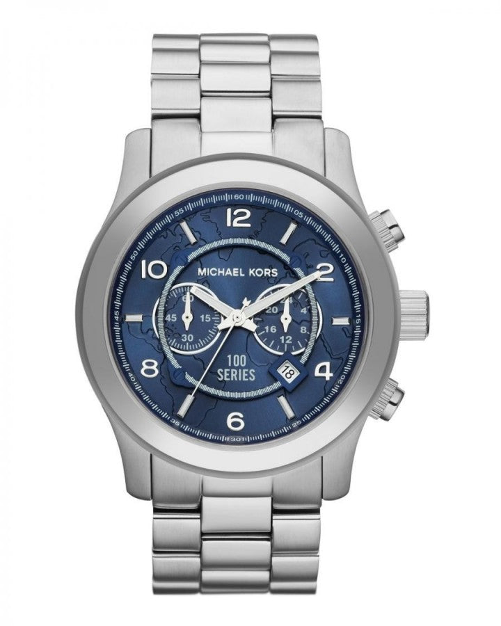 Michael Kors Stop Hunger Chronograph Blue Dial Silver Steel Strap Watch for Men - MK8314