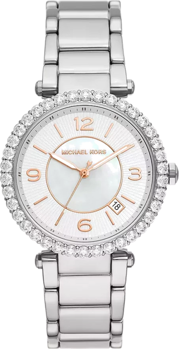 Michael Kors Parker Three Hand Mother of Pearl White Dial Silver Steel Strap Watch For Women - MK4694