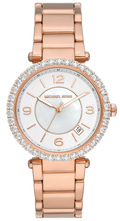 Michael Kors Parker Three-Hand Mother of Pearl White Dial Rose Gold Steel Strap Watch For Women - MK4695
