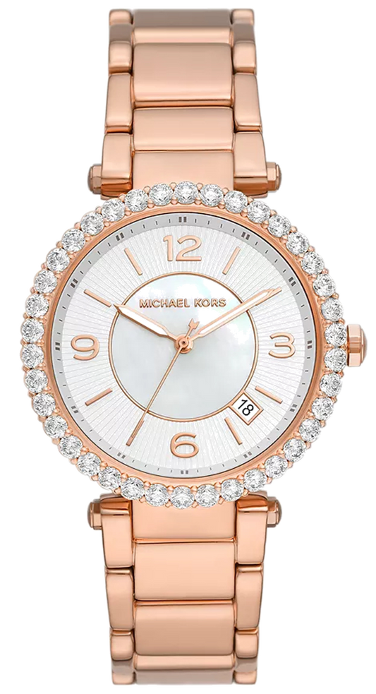 Michael Kors Parker Three-Hand Mother of Pearl White Dial Rose Gold Steel Strap Watch For Women - MK4695